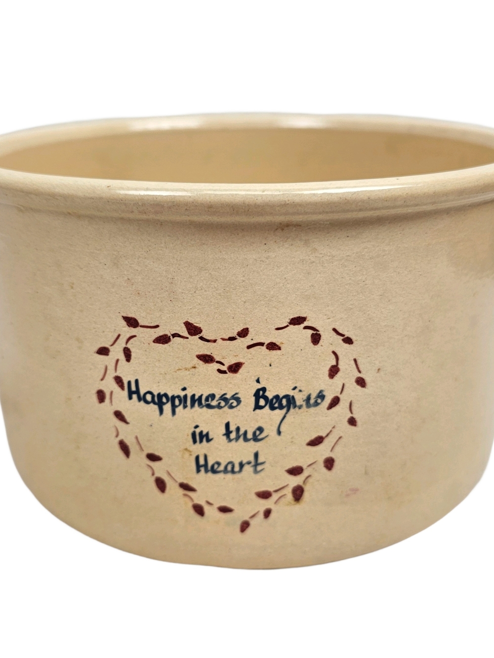 Vintage Robinson Ransbottom 2 Qt Stoneware Low Jar Happiness Begins In The Heart